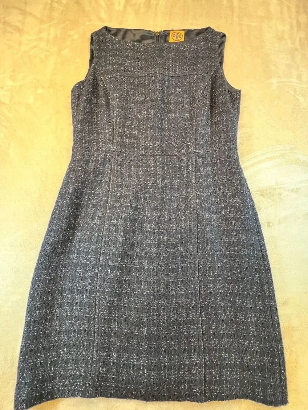 Tory Burch Aria Tweed Dress Navy Metallic Sleeveless A-Line Sheath Size 6